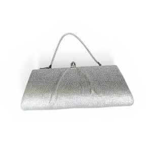 Silver Glitter Evening Clutch Bag Faux Pearl Kiss Lock Formal Wedding Handbag